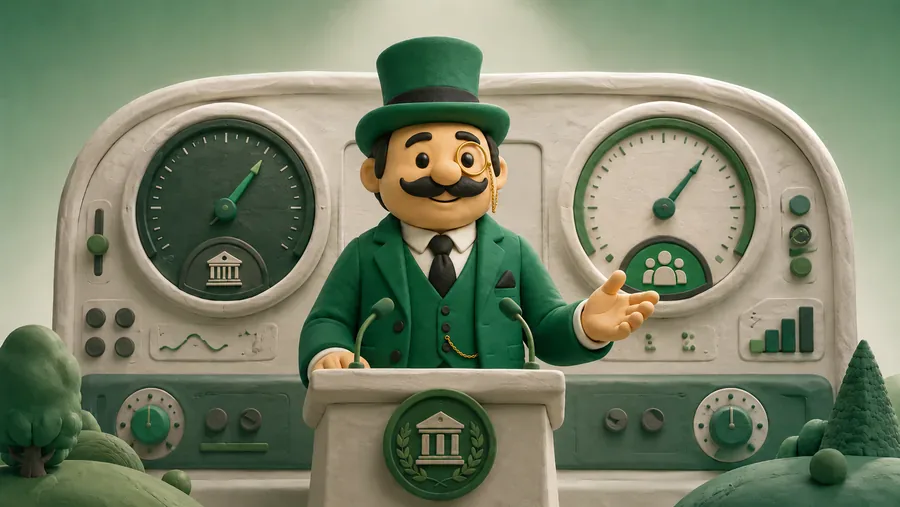 Clay illustration of the Rapunzl tycoon at a Federal Reserve podium with inflation and unemployment gauges
