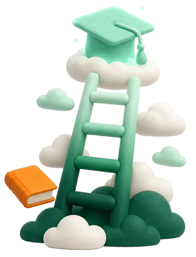Claymorphic ladder rising through clouds toward a glowing mint graduation cap