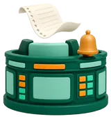 Claymorphic 1980s trading-floor podium with a paper note and bell