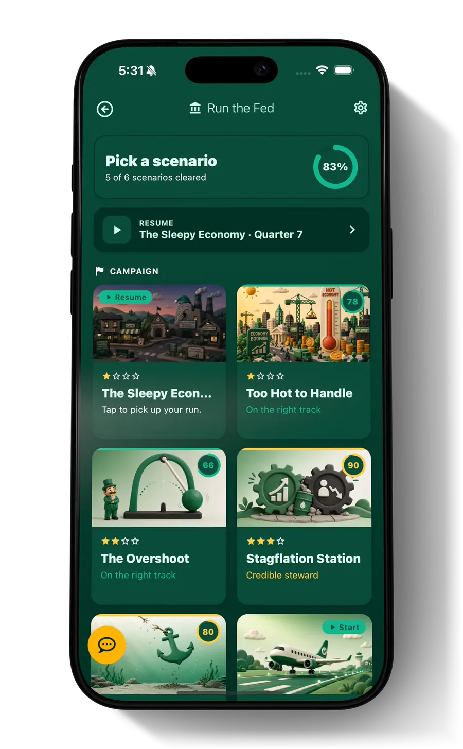 The Run the Fed mini-game on a phone, with a scenario picker showing progress through illustrated economic scenarios such as The Overshoot and Stagflation Station