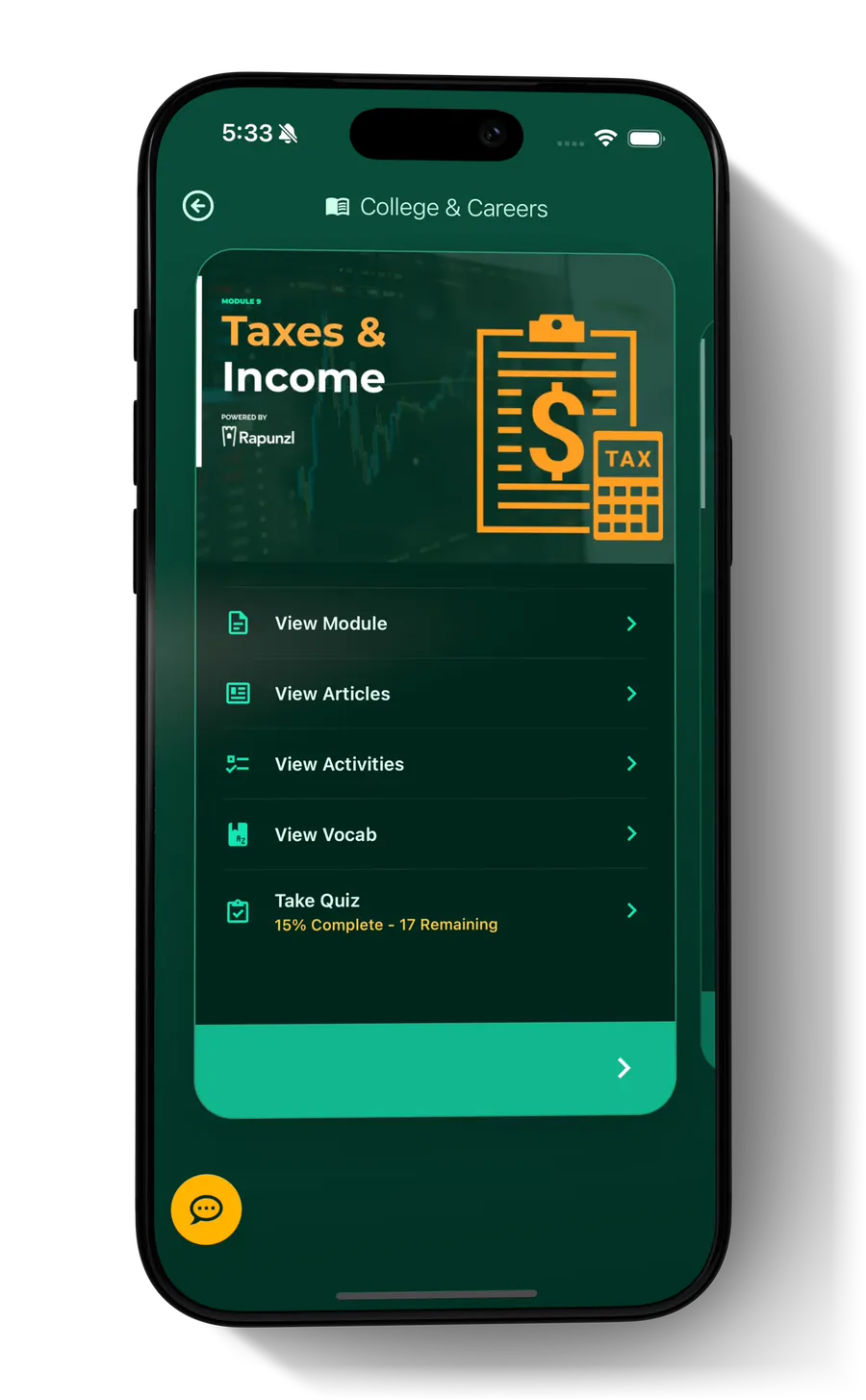 A College & Careers curriculum module on a phone, titled Taxes & Income, listing links to the module, articles, activities and vocabulary above a part-finished quiz