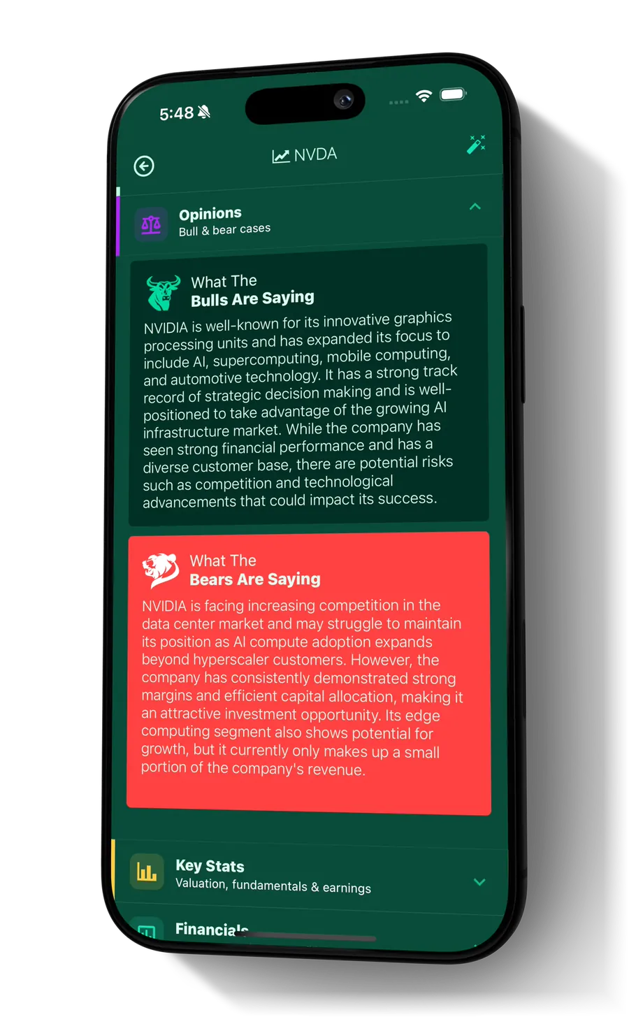 Nvidia's opinions screen on a phone, with a green 'What The Bulls Are Saying' card above a red 'What The Bears Are Saying' card and a key-stats section