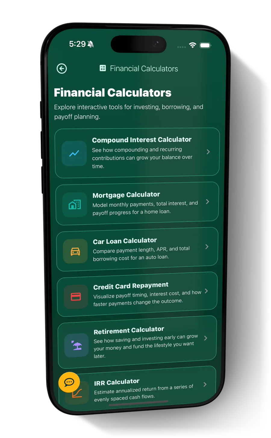 Rapunzl's financial calculator library on a phone, listing compound interest, mortgage, car loan, credit card repayment and retirement calculators